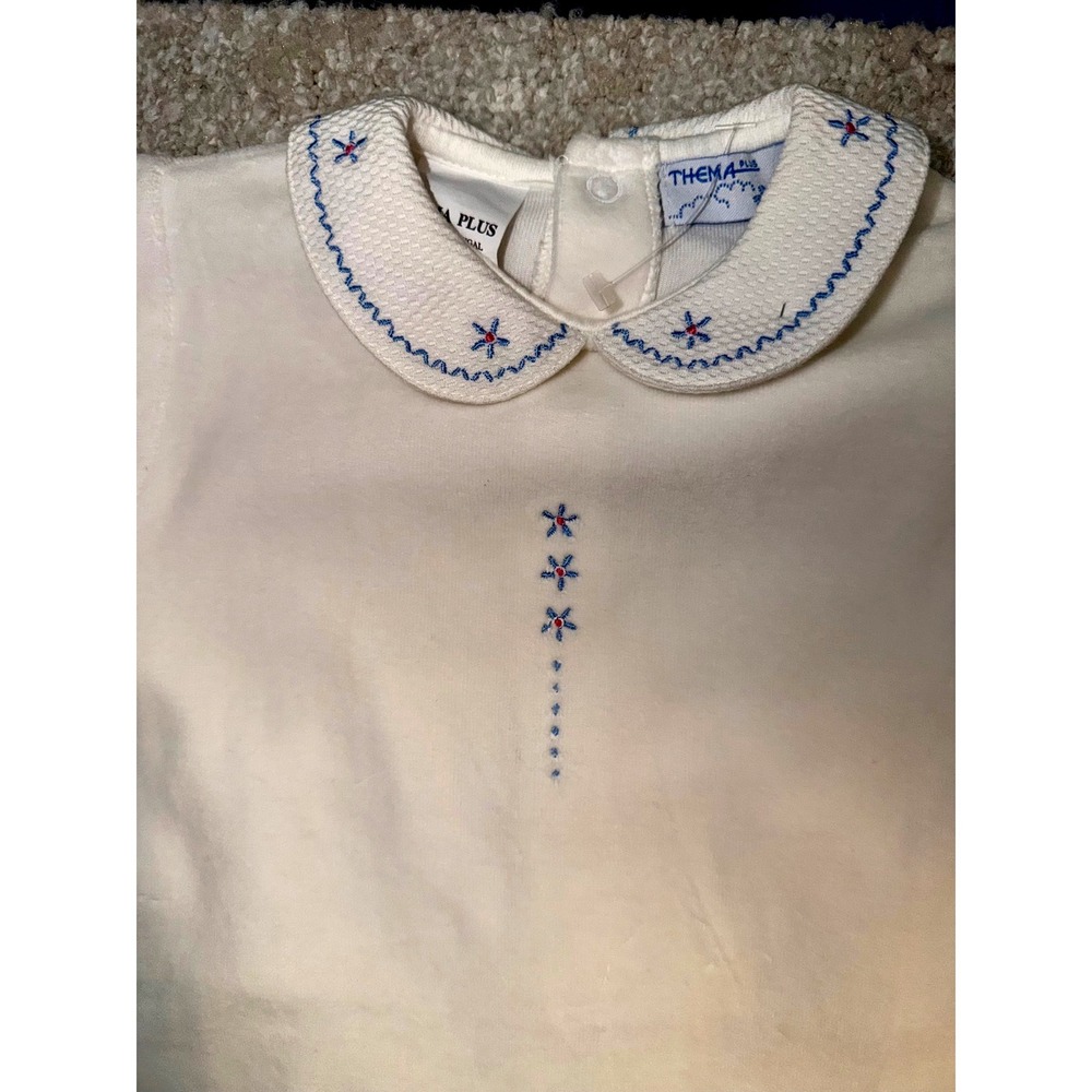 Thema Plus Portugal Cream Velour Embroidered Peter Pan Collar Footed Romper 6M